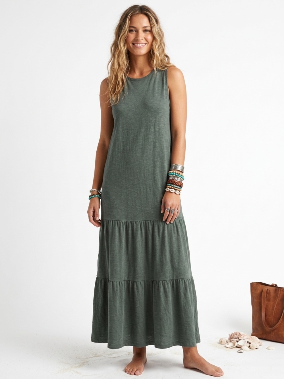 J. Jill Sage Green Tiered Sleeveless Maxi Dress